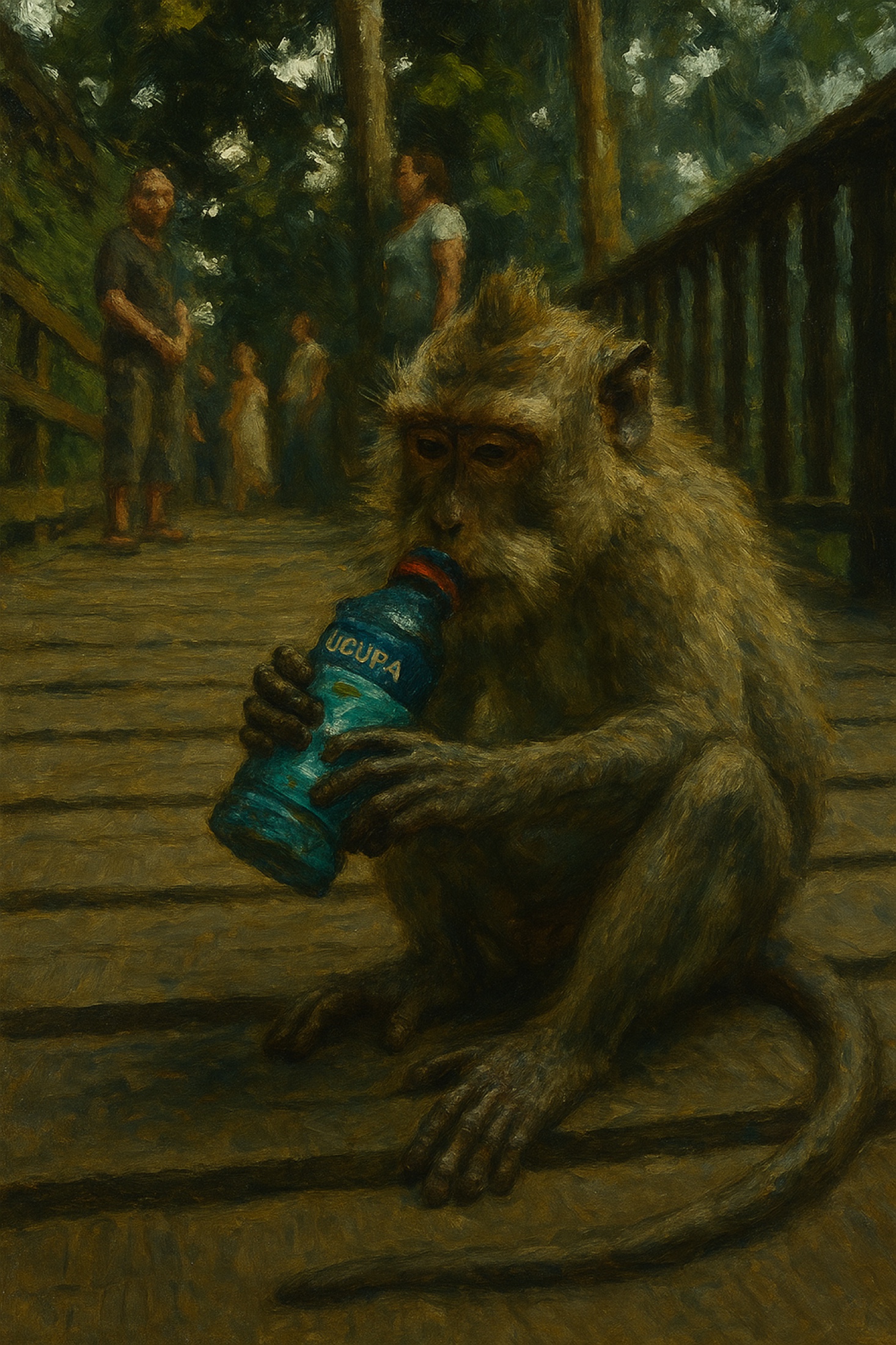 A macaque pauses on a forest bridge with a brightly coloured bottle held like a prize. The encounter is funny, slightly unruly and unmistakably observant — a portrait of curiosity meeting human habit.
