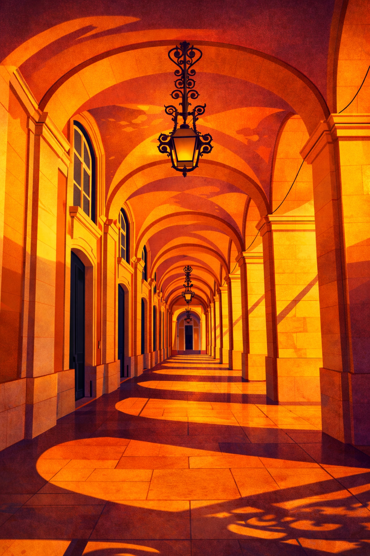 Late light enters the vaulted arcade at a low angle, setting stone, shadow and reflection into a repeating rhythm. The architecture remains precise, yet the amber glow turns the passage into something theatrical and almost dreamlike.