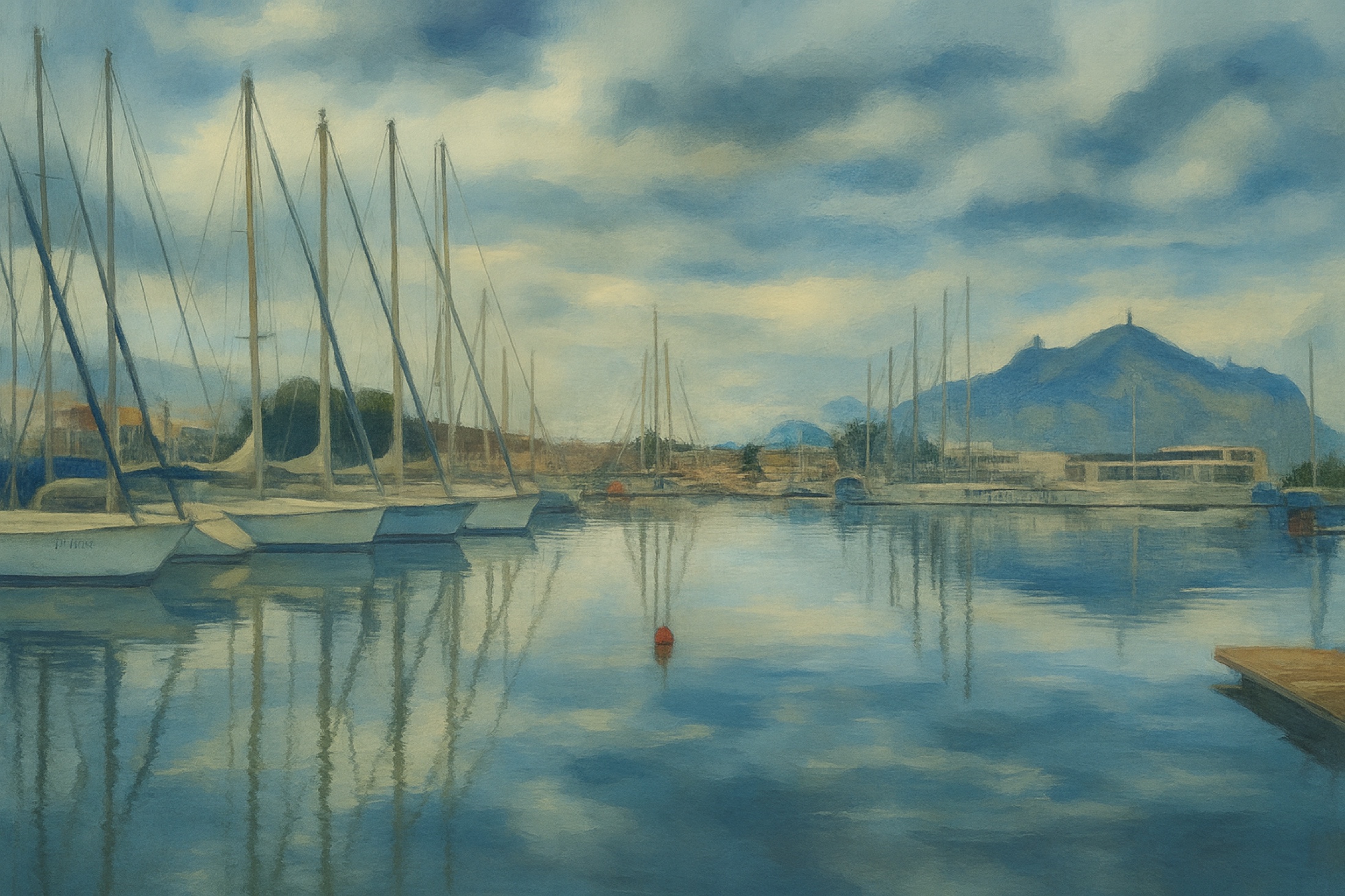 Masts, boats and drifting clouds meet again in the surface of a sheltered harbour. The muted palette and open water slow the scene down, holding the marina in a rare interval between movement and departure.
