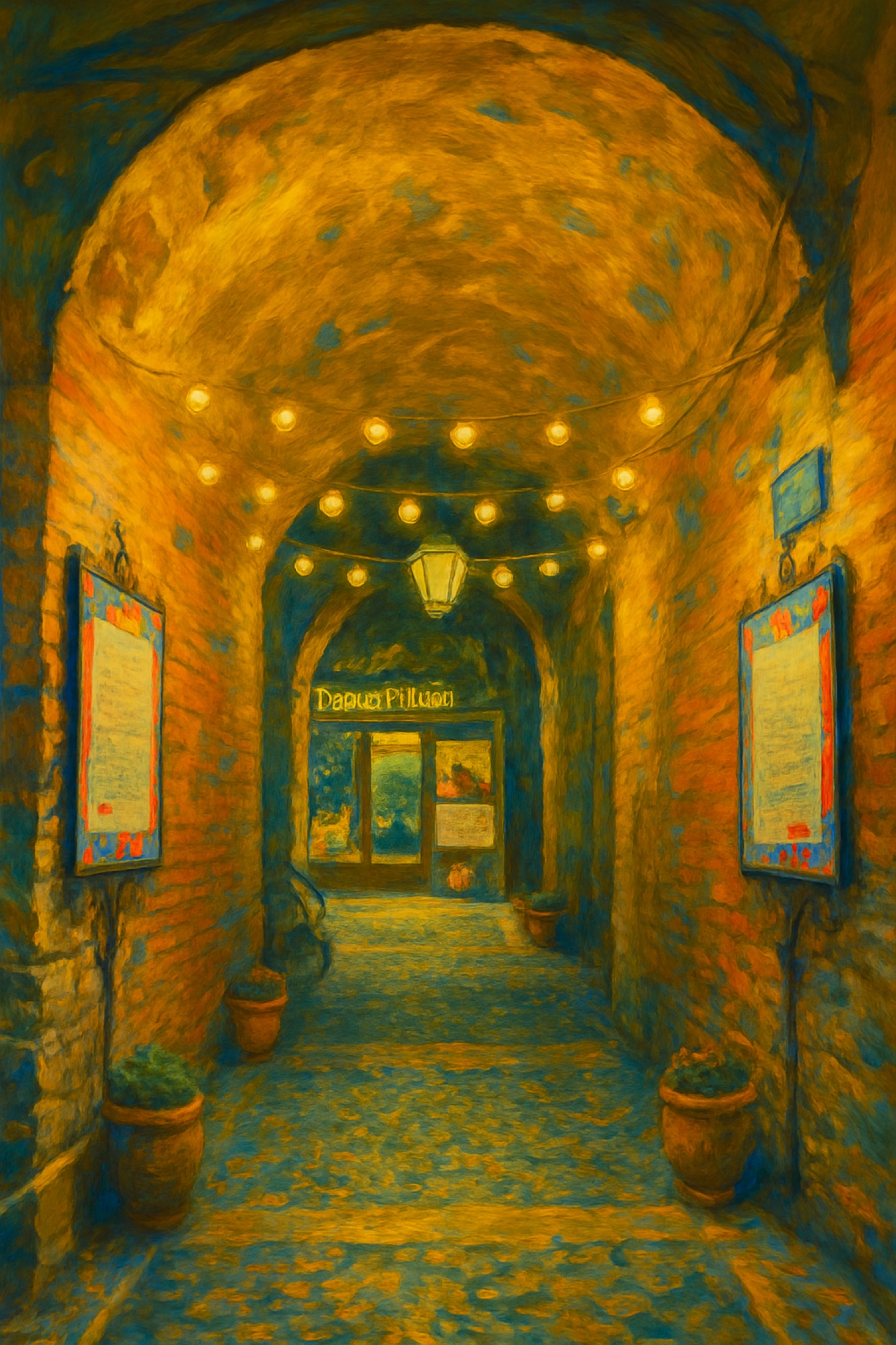 Warm lights lead through a vaulted passage towards a small shopfront at its centre. Stone, signs and patterned floor gather into an intimate nocturnal world, where history continues through the ordinary life of the street.