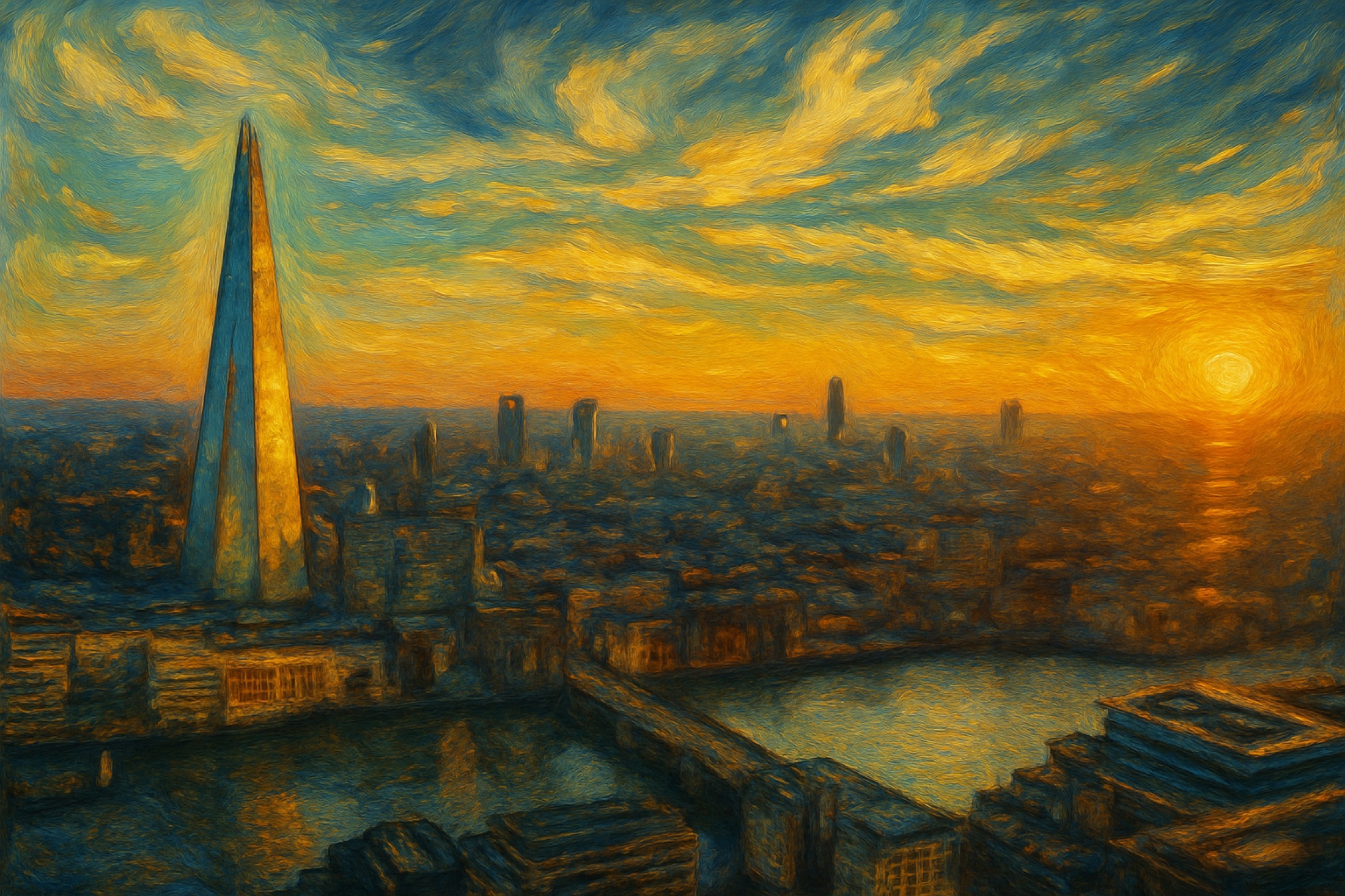 The Shard catches the remaining light above London as the city settles into dusk. Gold gathers at the horizon and reflects through the urban landscape, briefly making glass, sky and river feel part of the same atmosphere.