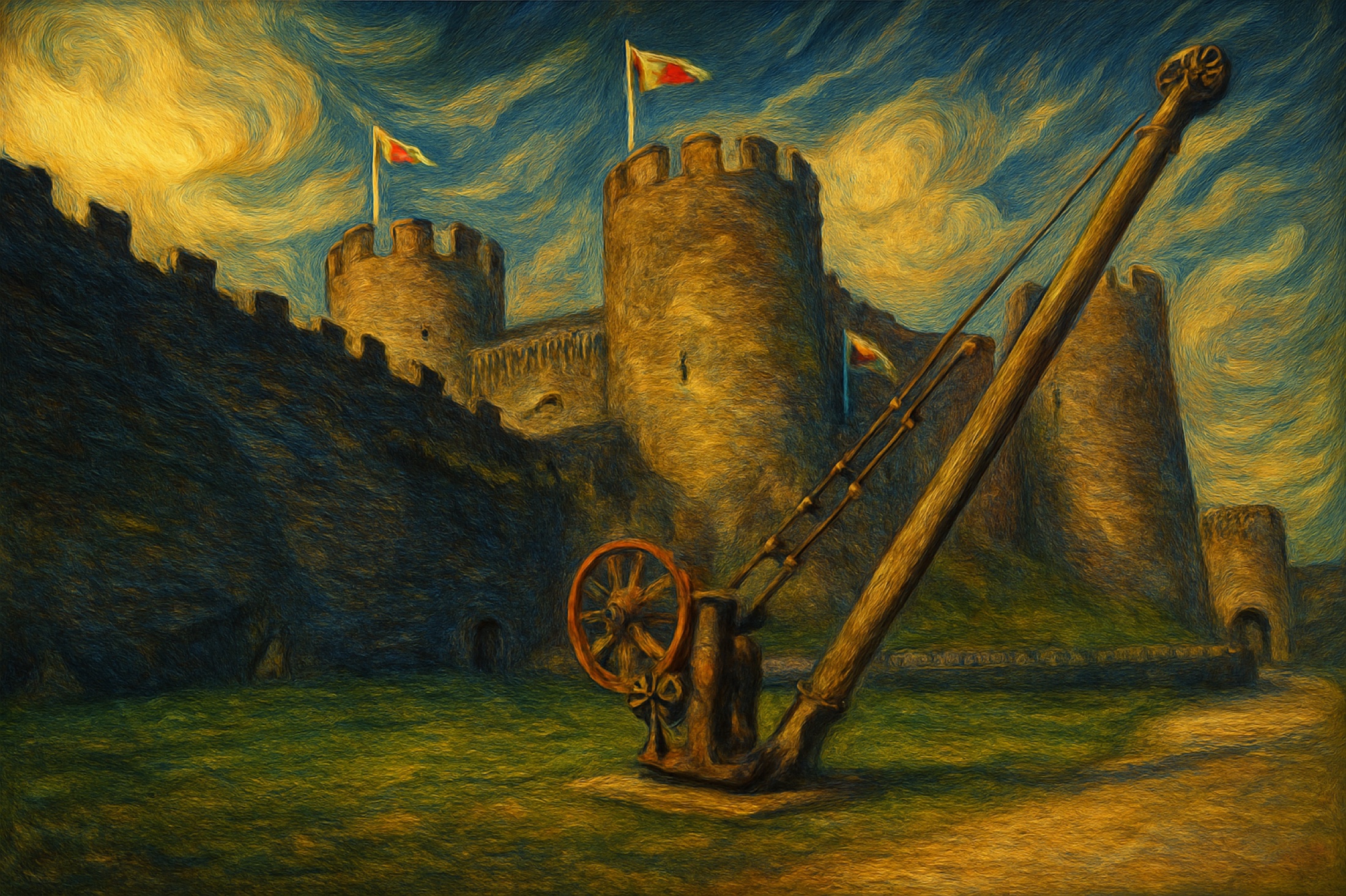 A medieval lifting crane stands before the castle walls, its long timber arm cutting across towers and restless sky. The machine gives the scene an unexpected human ingenuity, revealing the working life behind monumental architecture.