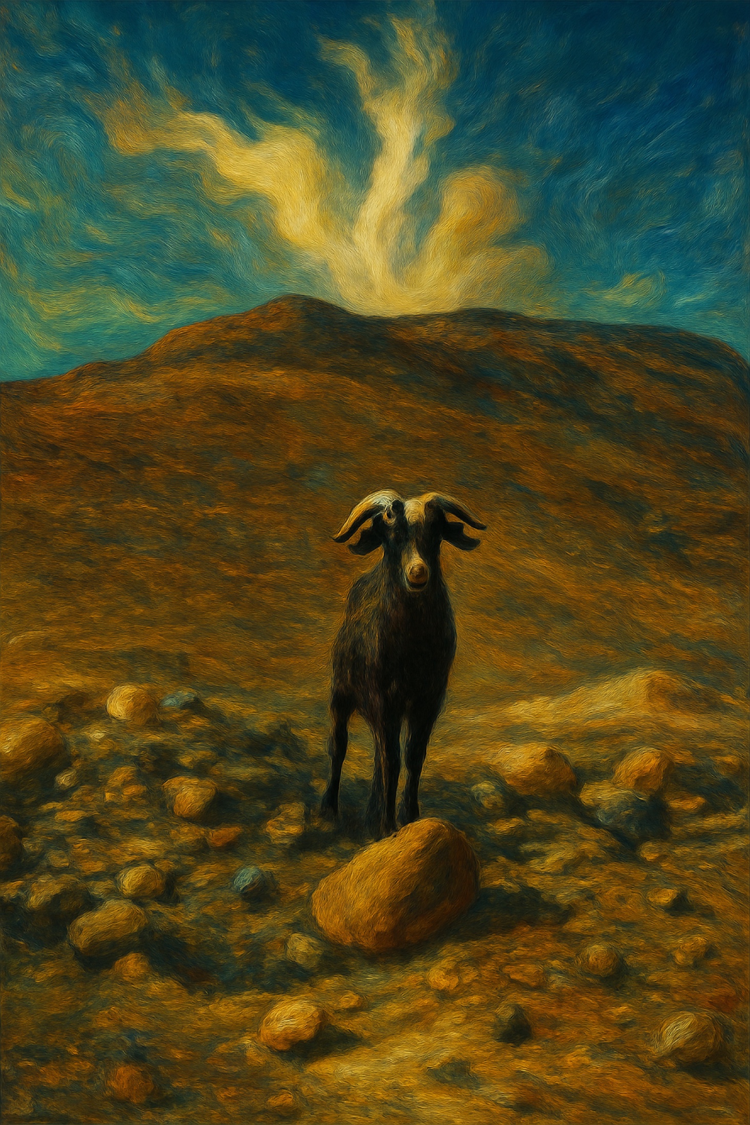 A lone goat stands alert within a volcanic landscape beneath a rising, plume-like cloud. Small against the terrain but entirely self-possessed, it brings a watchful presence to a scene shaped by rock, distance and weather.