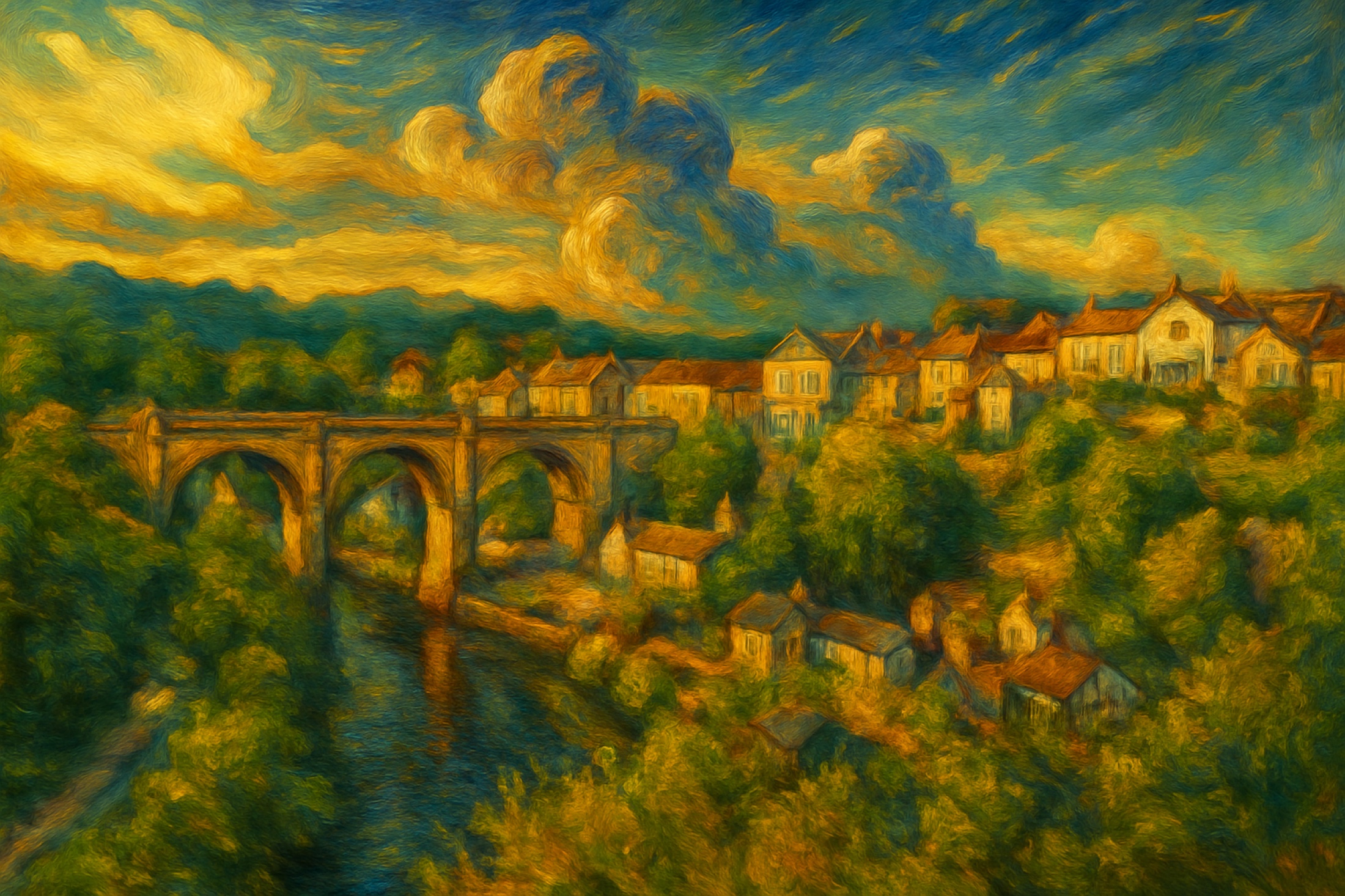 A stone bridge holds the two sides of a river village together while houses climb into the surrounding landscape. The restless sky and softened colour give the scene the feeling of somewhere encountered briefly and remembered for much longer.