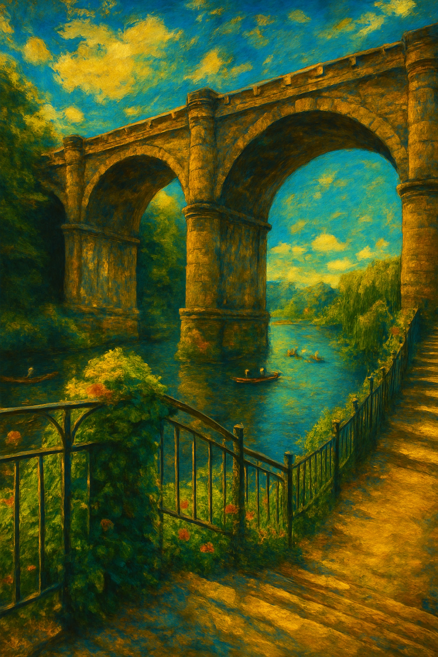 Massive stone arches rise above a river garden, framing water, foliage and distant country through layers of history. Steps and railings lead through the scene, making the ancient structure feel not like a monument, but a passage still waiting to be followed.