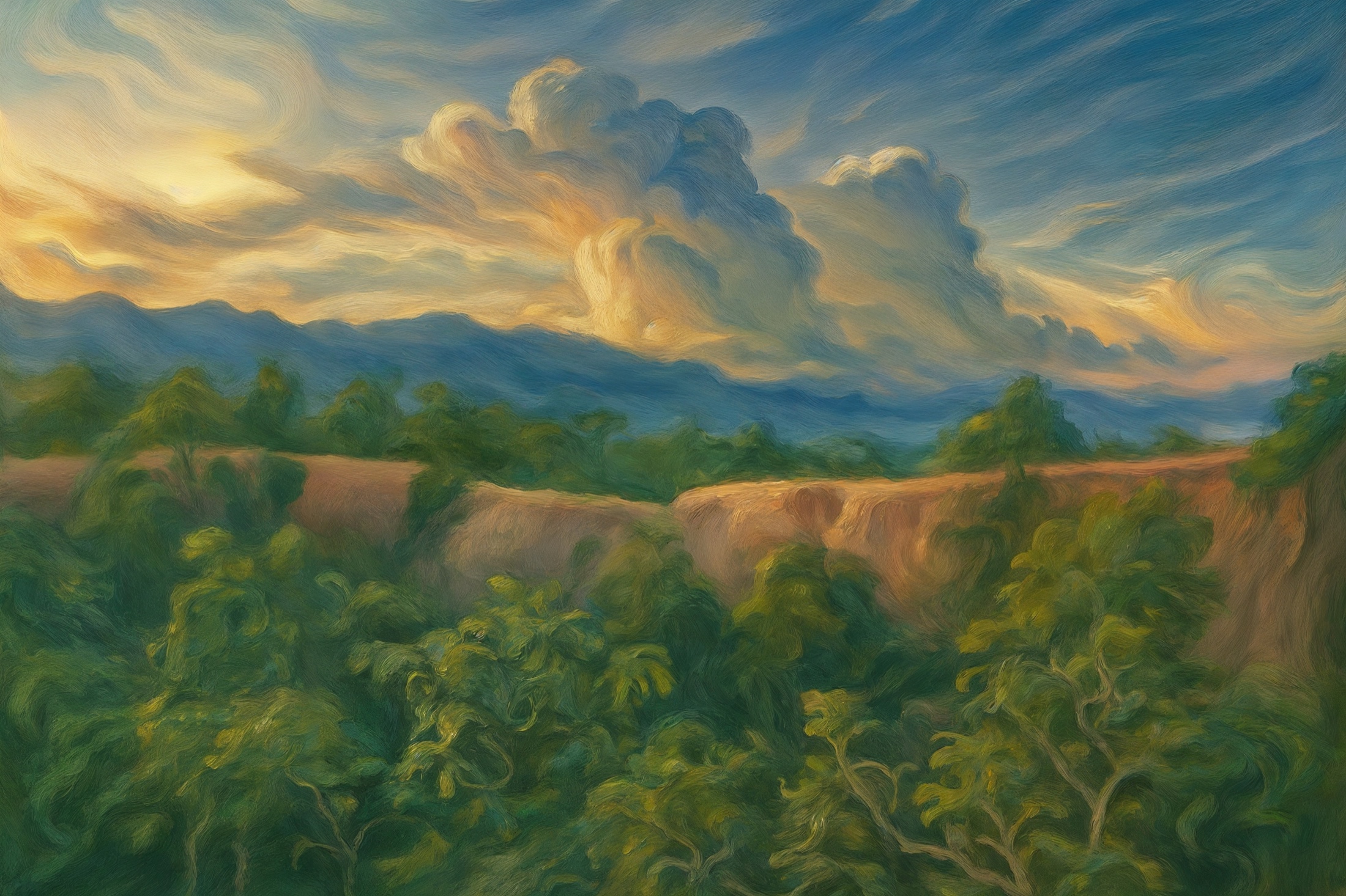 A towering cloud rises above a densely wooded canyon, dwarfing the terrain beneath it. The landscape feels caught at the instant before weather changes everything, full of pressure, distance and unsettled light.
