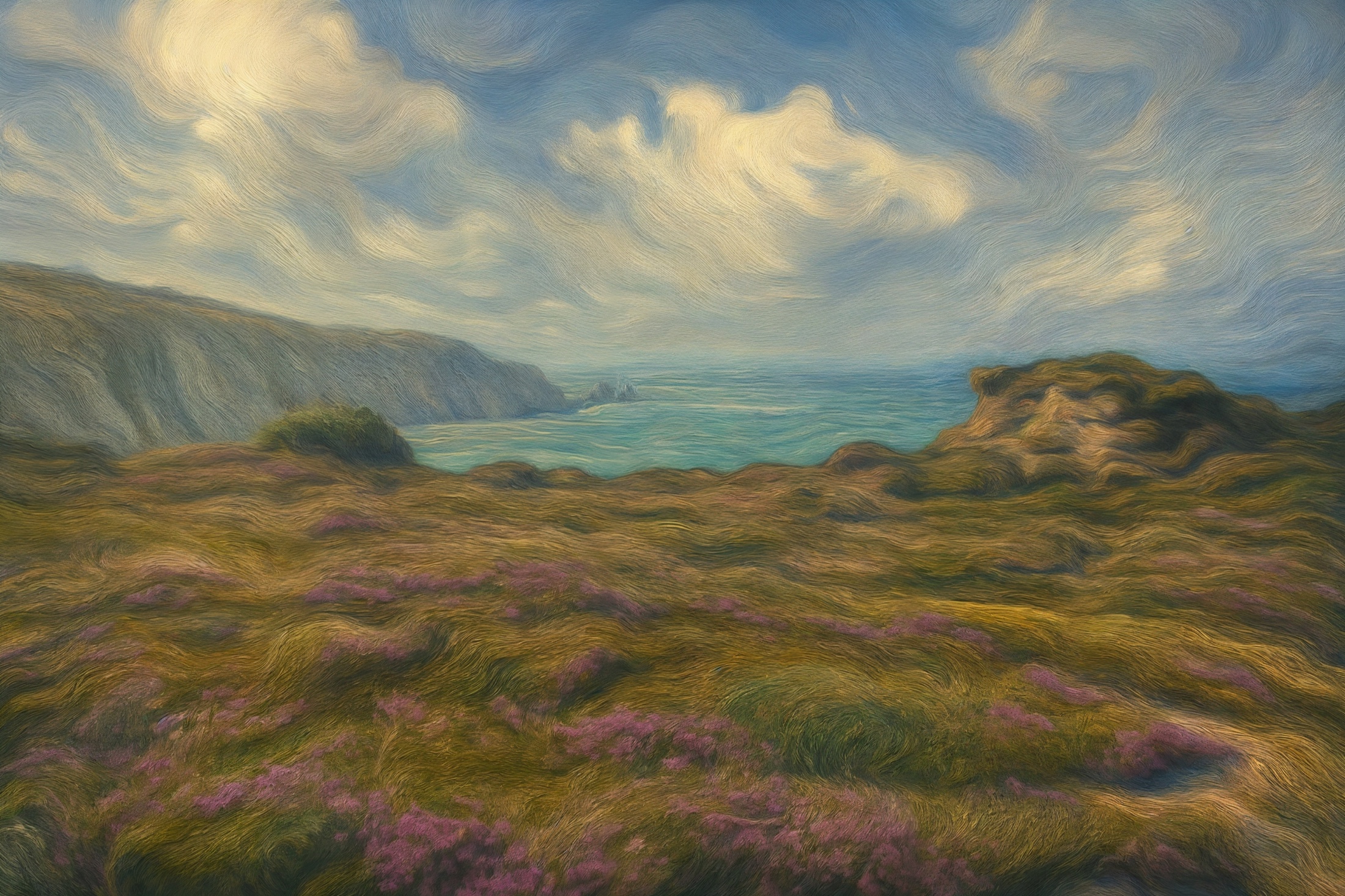 Purple heather spreads across a high Atlantic edge as land falls away towards the sea. The open horizon and exposed path create a sense of freedom edged with vulnerability — a landscape experienced at full scale.