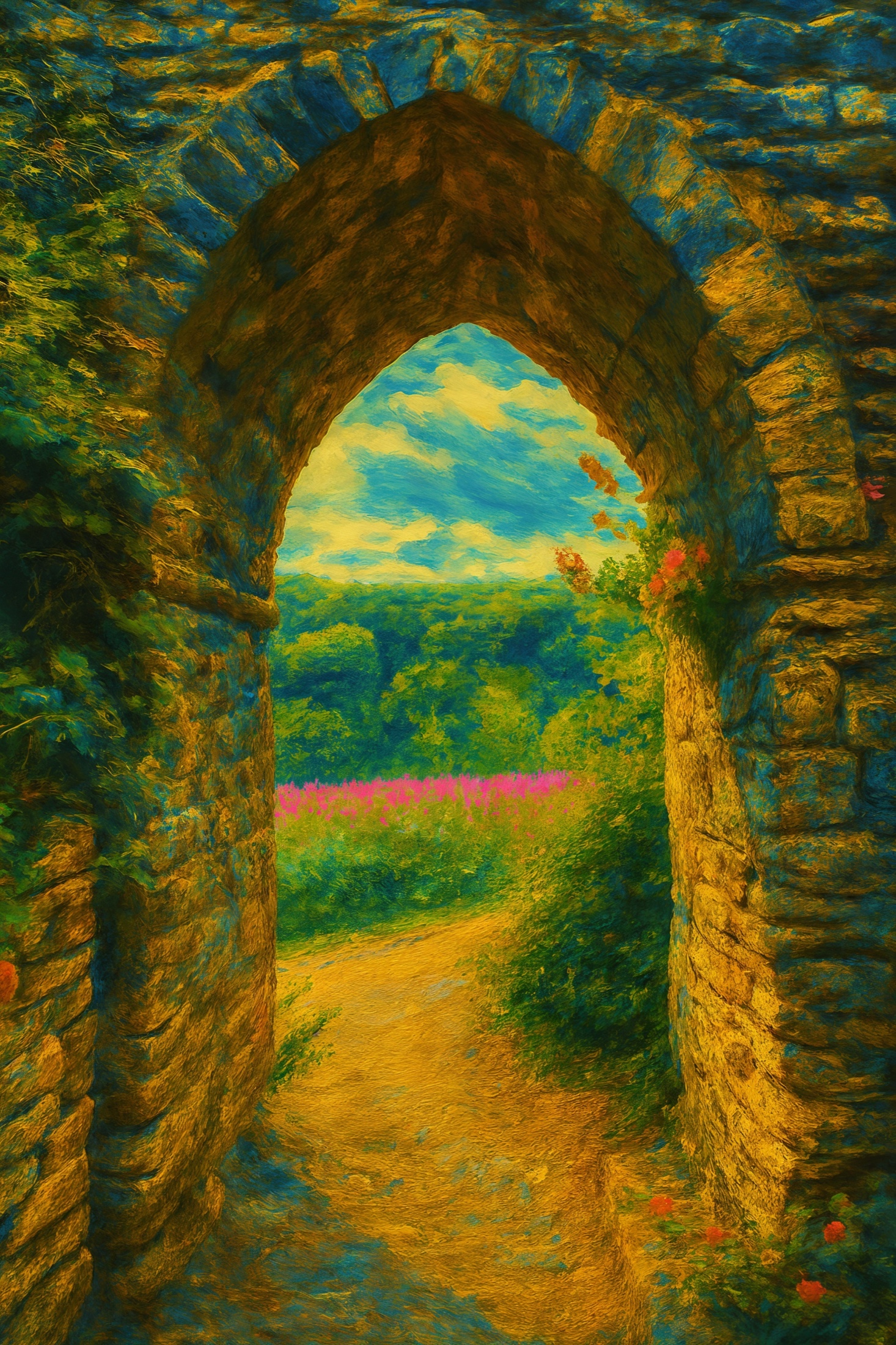 Beyond the weathered arch, a bright path opens towards countryside and sky. Pink flowers soften the stonework, turning the threshold into a moment of anticipation — the quiet pleasure of discovering what lies on the other side.